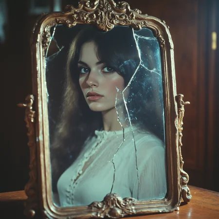 ArsMovieStill, movie still from a 1970s horror movie, The image is a close-up of a mirror with a broken glass frame. The mirror is placed on a wooden table and the reflection of a young woman is visible in the glass. The woman has long dark hair and is wearing a white blouse. She is looking directly at the camera with a serious expression on her face. The glass is cracked and appears to be broken into multiple pieces. The frame is ornate and has a gold finish. The background is blurred but it seems to be a room with a wooden wall and a window., 1girl, solo, reflection, long hair, mirror, glass, realistic, looking at viewer, sweater, broken glass