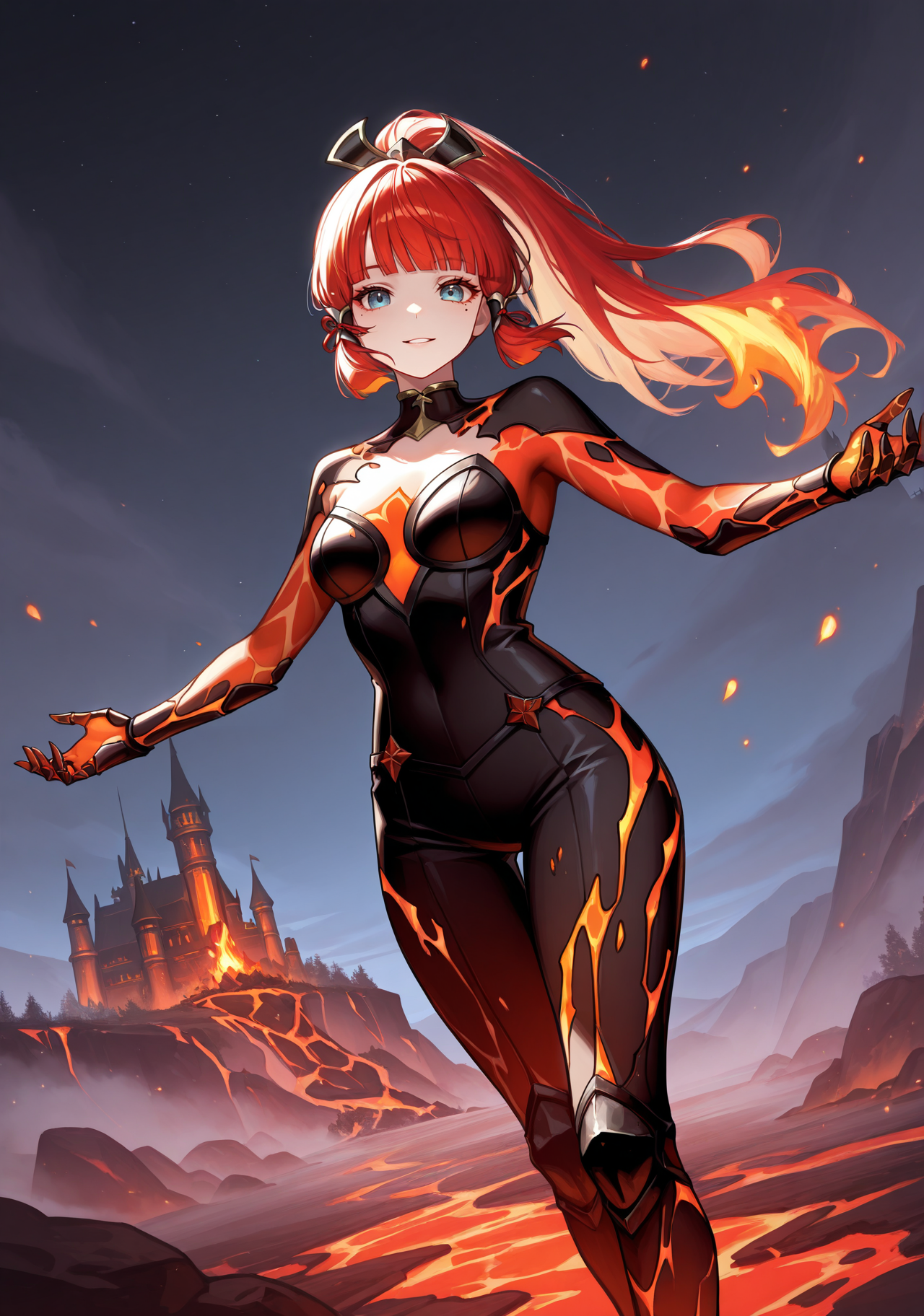 masterpiece, best quality, 1girl, solo, basekamiaya, light blue hair, blunt bangs, mole under eye, ponytail, long hair, hair ribbon, LivingFlameIL.V1.0-female, fireelementalil, fire(theme), (fire hair:1.35), magma skin, magma, lava, outdoors, fantasy, wind, spread arms, outstretched arms, dutch angle, blue eyes, hair ornament, castle, nature, night, night sky, fog, looking at viewer, parted lips, smile