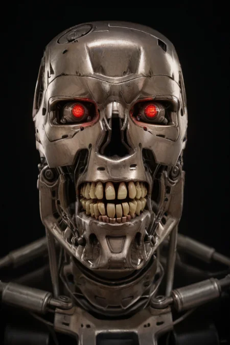 T800_Endo, Terminator robot, score_9, score_8_up, score_7_up, (source_IRL, source_movie), cinematic, realistic, masterpiece, high quality, highres RAW photo, ((close-up shot, close-up head shot, front view))
a T800_Endo Terminator Robot with red eyes, he is made of metal, he is made of shiny chrome metal, new, clean, <lora:T800_Endo_Terminator_Pony_v1-000013:1>
(standing, robot mouth, mouth open: 1.4, screaming: 1.4)
black background
dynamic lighting, highly detailed, intricate details