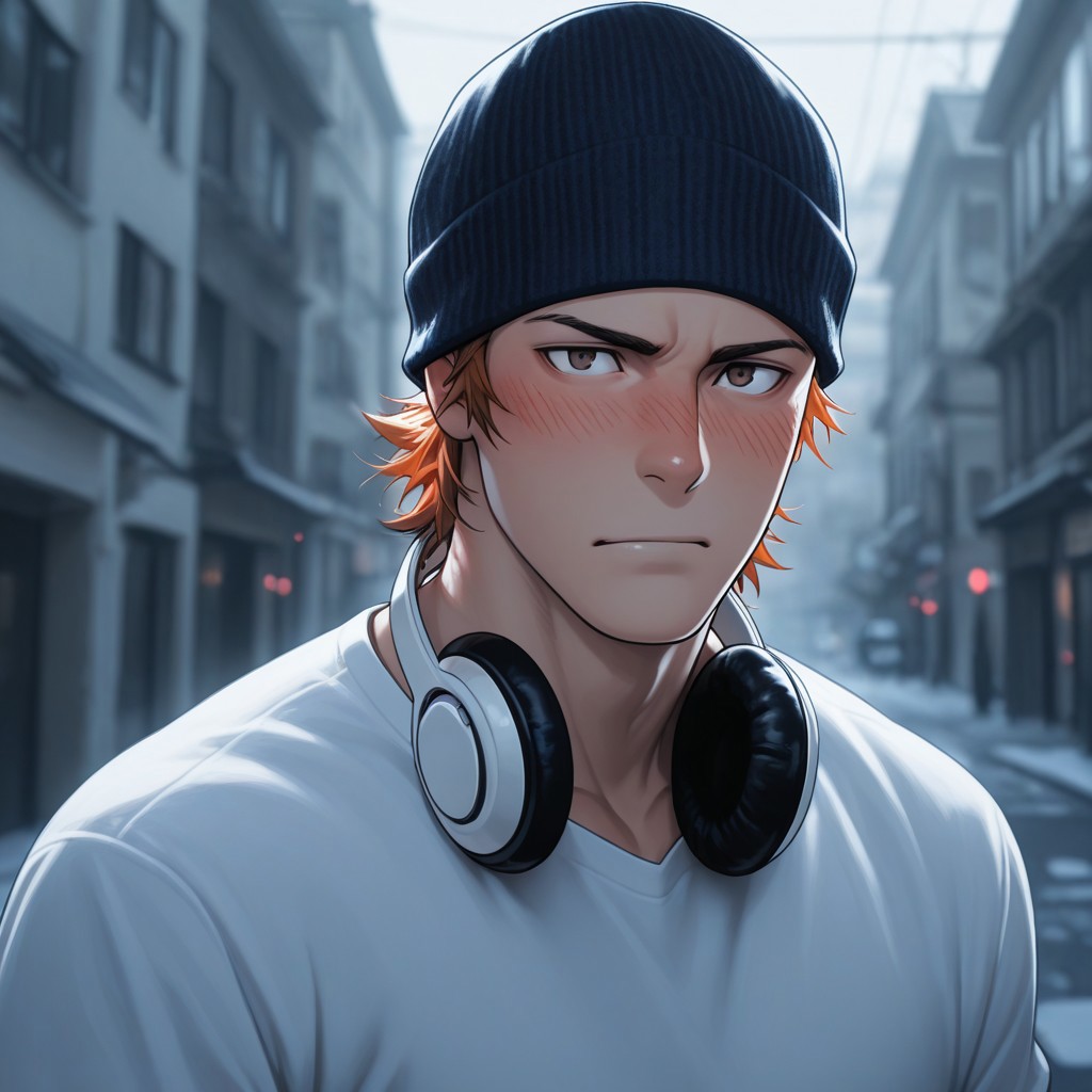 masterpiece, best quality, amazing quality, absurdres, newest, detailed background, definition so sharp, Ultra-HD, 8K cinematic, very awa, impressionate, amazing quality, highres, 
solo, male focus, manly, mature male, bara, charming, cool, badass, cold light, blurry background, outdoor, 
1boy, short hair, beanie, headphone around neck, misakiyata, misaki_orange hair, misaki_brown eyes, white t-shirt, blushing, scratch head, looking at viewer, slightly face turning away