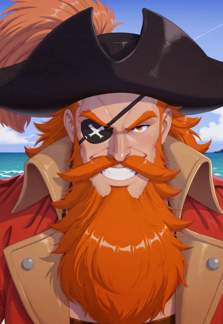 solo, masterpiece, modern, new, 1boy, male, masculine face, daddy looking face, w0lfc0nf

DisneyBloodbeard, ginger hair, hat, beard, pirate, coat, sea, headshot, looking at viewer, smiling, eyepatch
