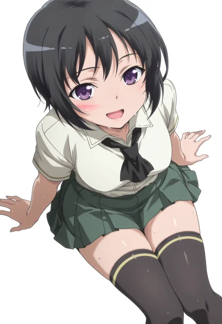 anime screencap, anime coloring, , <lora:DX888Yozora:1> mikazuki yozora, purple eyes, black hair, short hair,, green skirt, white shirt, school uniform, ascot, pleated skirt, black thighhighs, zettai ryouiki, BREAK white background, mosaic background,( simple background:1.2), BREAK
1girl, arm support, blush, breasts, feet, from above, looking at viewer, looking up, open mouth, sitting, smile, soles, solo, sweat,