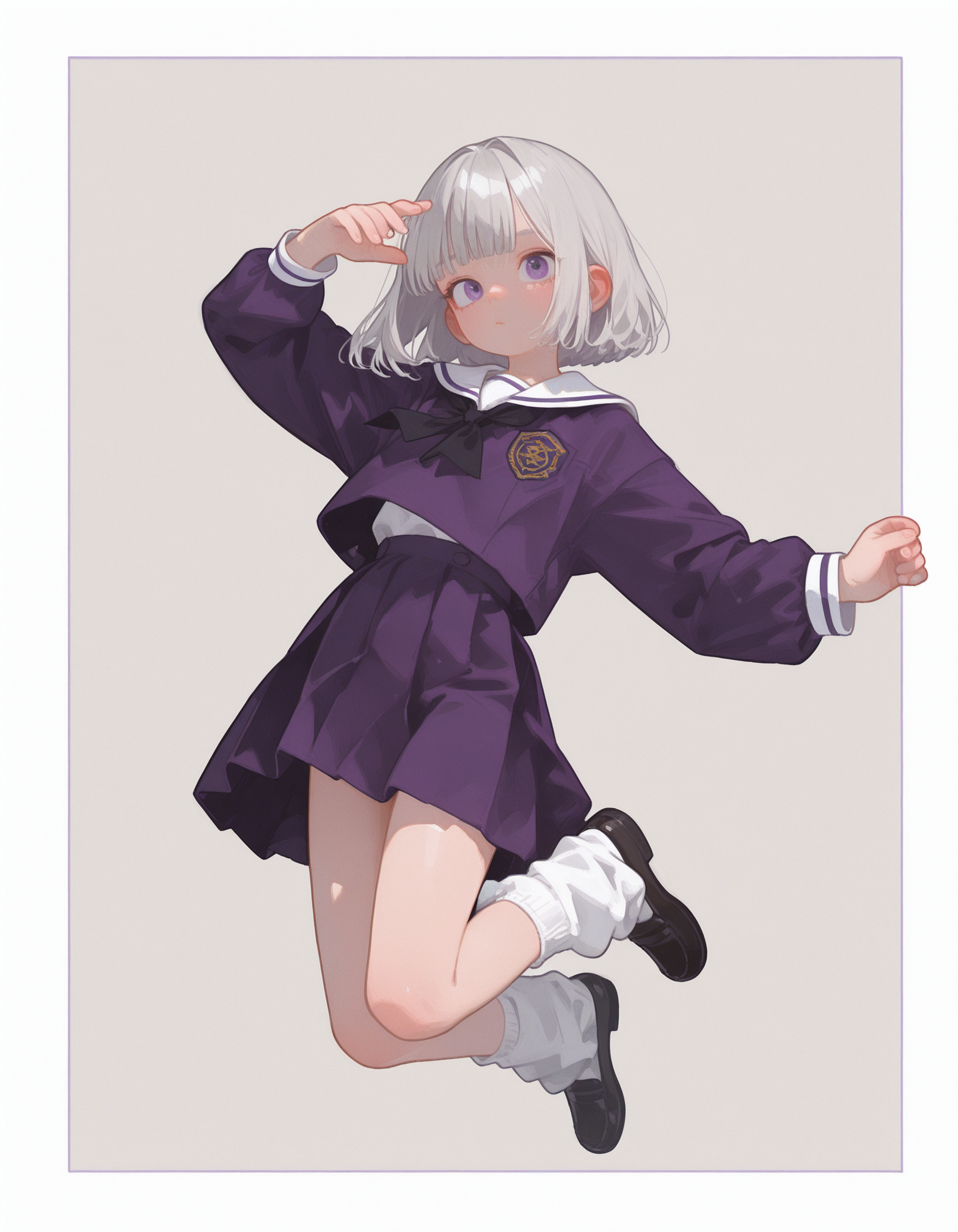 masterpiece, best quality, 32k, high resolution, absurdres, HD32k, masterpiece, high detail, extremely detailed, detailed linework, dynamic composition, (realistic), flat color,
1girl, solo,
bobcut hair ,
silver  hair,
purple  eyes, bangs ,
,
victorian style purple  japanese school uniform, pastel grey  vertical background, popping out of background, full body, jumping, [[[[arms stretched]]]], dynamic pose, loose socks ,
white thick border,
, flat chest ,
4 arms,
0__11Xx_illu, bW9t, fl4t,
<lora:96YOTTEA-WAI:0.6>
<lora:Dramatic Lighting Slider:1.6>
<lora:0__11Xx:0.4>
<lora:fl4t:0.4>
<lora:MomoSweetSpaceILL:0.24>
<lora:c_:0.75>