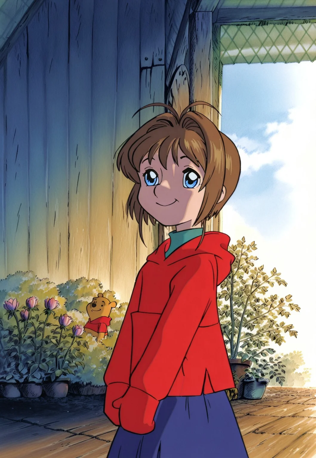 on-model, accurate art style, anime screencap, anime coloring, show accurate, cartoon screencap, movie accurate, official screencap, style parody, flat colors, official art, proper proportions, extremely detailed, newest, 2024, BREAK, 1girl, CCS_Sakura, kinomoto sakura \(cardcaptor sakura)\, brown hair, short hair, bangs, antenna hair, hair intakes, green eyes, red hoodie, blue skirt, standing, smiling, looking at side, 1other, Winnie the Pooh, BREAK, detailed background, indoors, greenhouse garden, garden, flowers, day, BREAK, upper body, cowboy shot, BREAK, vibrant colors, cinematic lighting, 75% soft lighting, 25% dark lighting, TiggerMovie