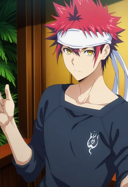 masterpiece, best quality, intricate details, anime screencap, anime coloring, official style, looking at viewer, 1boy, solo, male focus, <lora:souma_yukihira_ilxl:1>, souma_yukihira, red hair, yellow eyes, spiked hair, white headband, , focused, jungle, indoors, w arms, expressionless,