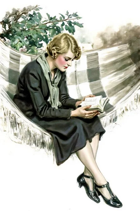 jamesmontgomeryflagg1 illustration.
A woman with short wavy blonde hair sits on a hammock reading a book. She wears a dark outfit with a light scarf and black shoes with a strap. A tree with green leaves is behind her. <lora:jamesmontgomeryflagg1_cap_d8a4e12:1.0><lora:859140606121739086:0>
