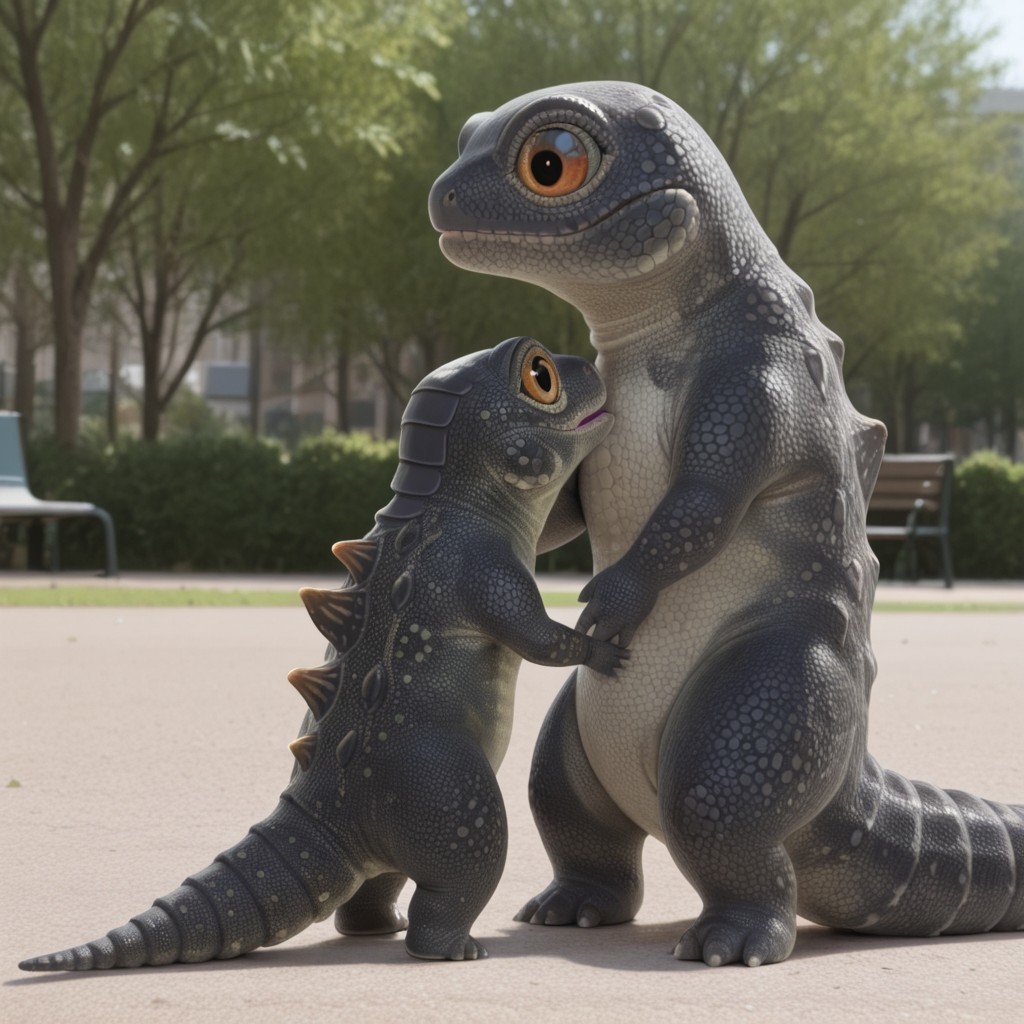 masterpiece, best quality, amazing quality, Geckzilla, feral, gecko, male, grey skin, orange eyes, tail,  in a park