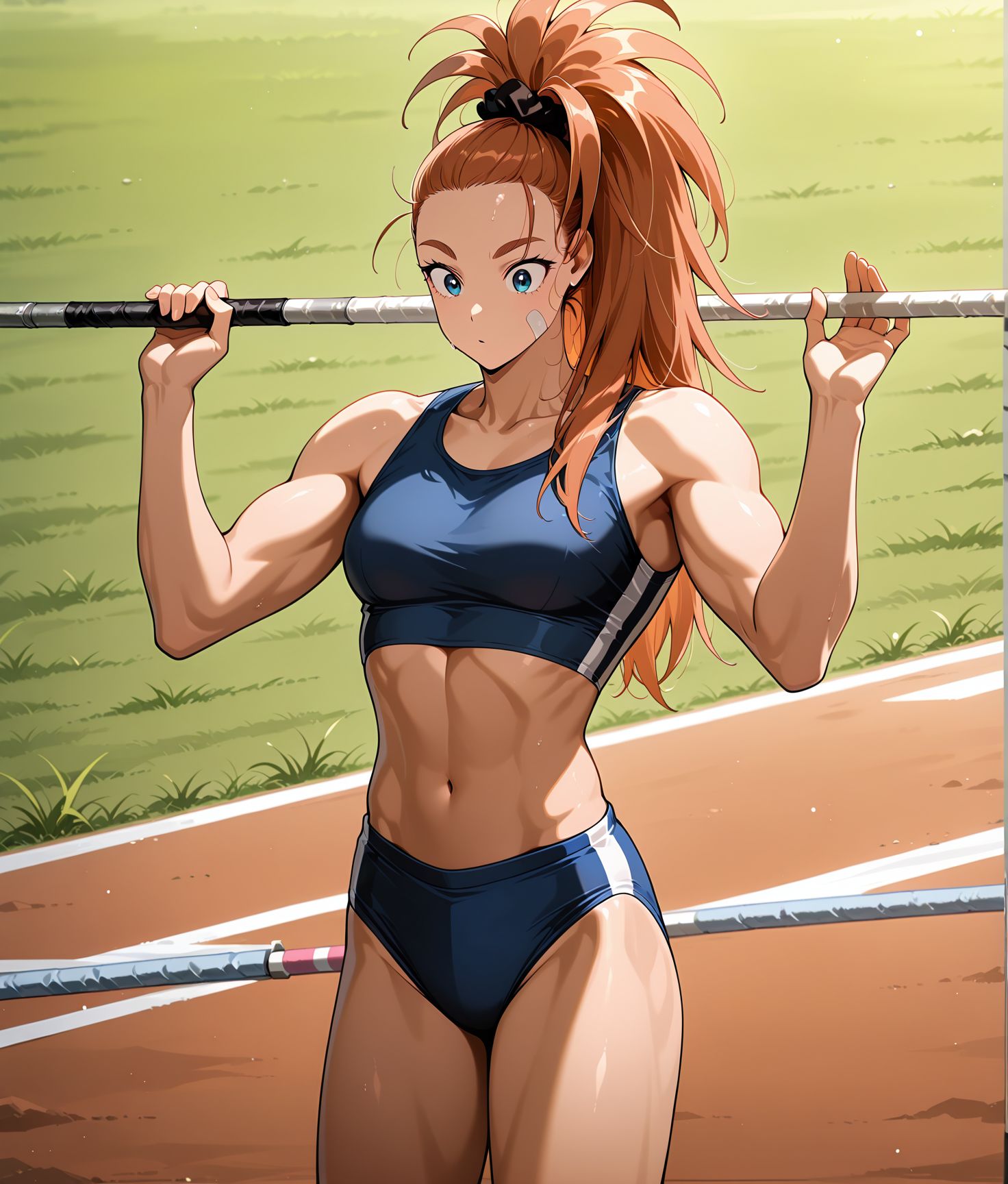 <lora:add-detail-xl:0.5>,,masterpiece,best quality,anime coloring,anime screenshot,
<lora:female_athlete:1>female_athleteV1,
1girl,sports crop top,track briefs,midriff,
two hands holding one long pole,preparing to jump,pole vault preparation,track and field athlete,
<lora:CaptainMizuki(Manga)_ILXL_v1:0.8> captain mizuki,  bandaid on face, muscular female, toned, long hair, ponytail, forehead, hair scrunchie, 
blue  sports bra, blue track briefs,   midriff, navel, linea alba, buruma,