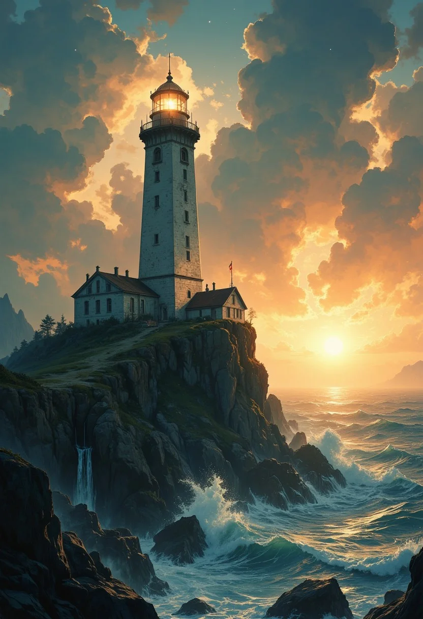 A captivating early morning scene illustration featuring a tall sturdy lighthouse on a small island of rough stone jutting out into a ocean. The lighthouse is adorned with multiple windows, emitting a bright glow, but the lighthouse light at the top shinning out across the scene with incredible brightness. A thick fog frames the scene. A dawning sun is just breaking over the edge of the ocean horizon, casting an intense warm glow on the thick clouds adding to the scene's mystique. The ocean has crashing waves upon the shore. This enchanting artwork captures a bright morning, where the illuminated lighthouse stands resolute amidst the scenery, creating a cinematic experience. G0thicL1nes