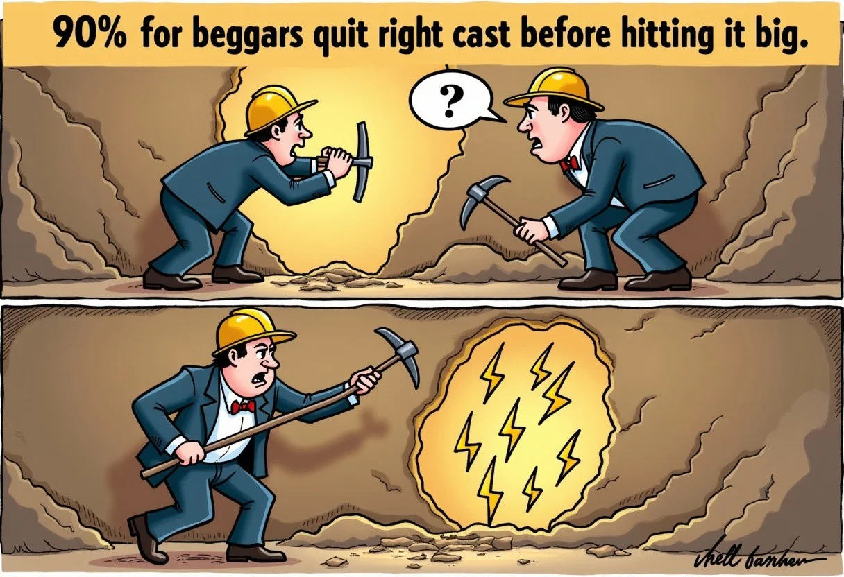Cartoony style image captioned with impact font text that says "90% of beggars quit right before hitting it big" A split-panel image of two business casual men digging underground using pickaxes, one above the other. they have both dug tunnels leading to a dirt wall that leads to an area with numerous lightning bolt symbols inside. the miner on the top panel is frantically digging at the wall, having a manic and excited expression. the miner on the bottom panel is walking away with his pickaxe dragging across the ground, looking down at the ground dejectedly walking away.