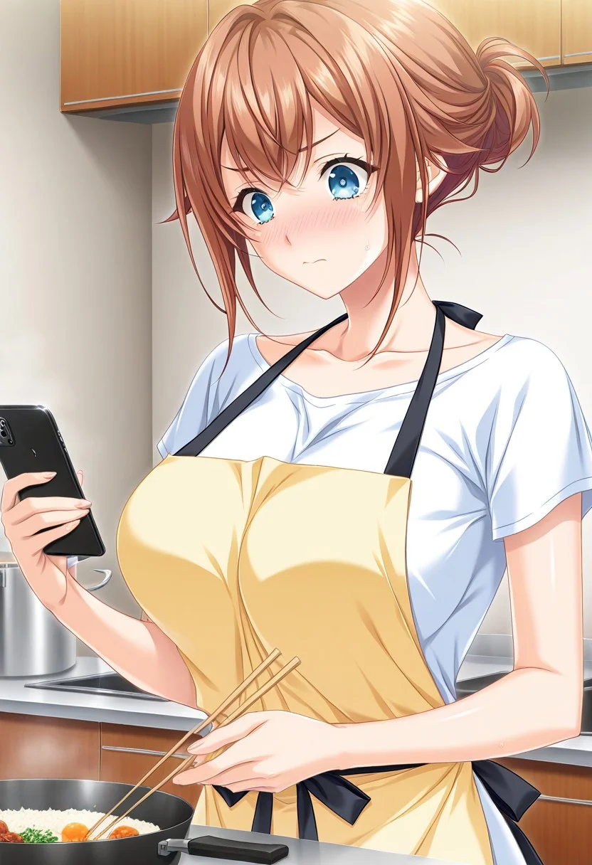 general,highres, ultra-detailed,very aesthetic,best quality ,best hands,masterpiece, best quality, newest, highres, score_9, score_8_up, score_7_up, source_anime, rating_explicit,1girl, yokota mamoru style,motion lines,,Very straight nose,slim,slender face,perfect nose
hanasaki koharu, blue eyes, orange hair,side hair,slim,big breasts,long hair, chest lenth hair,sidelocks
 anime screencap,
1girl, solo, apron, chopsticks, shirt, blue eyes, white shirt, breasts, phone, holding, yellow apron, , indoors, cellphone, bangs, blush, hair between eyes, large breasts, short sleeves, smartphone, cooking, sidelocks, collarbone, upper body