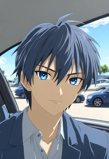 Anime Style, easynegative, detailed_eye_model, Highres, Masterpiece, High Quality, 4K, 8K, solo, 1boy, Tomoya Okazaki, Deep Blue Eyes, Grey Blue Hair, inside the car, parking area, sunny weather, waiting for viewers, happy