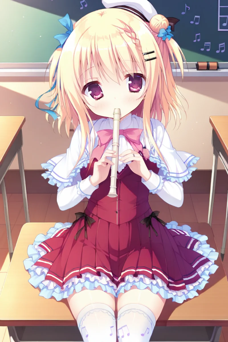 masterpiece,best quality,amazing quality,highres,scenery,newest,1girl,official style,mikana,hair ornament,hair bun,blonde hair,hairclip,braid,bangs,hair bow,bow,hair between eyes,purple eyes,blue bow,long hair,mikana school,thighhighs,musical note,hat,white thighhighs,school uniform,red skirt,<lora:heart in love-mikana:1>,classroom,sitting,upper body,flute,playing flute,