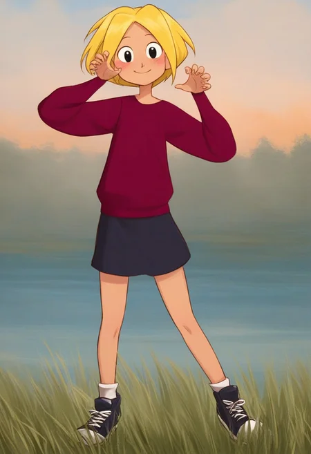 score_9, score_8_up, score_7_up, colorful, masterpiece, rim lighing, saturated colors, full-body image, cute girl, detailed eyes, pin-up pose, flat chest, cute girl, blonde hair, red sweater, black miniskirt, black converse shoes, mangamaster style, cute smile, detailed lighting, looking at viewer, black eyes, hands at the sides, blushing, black skirt, detailed background, sunset, tall grass, trees in the background, detailed clouds in the background, river, perfect face, perfect face details,