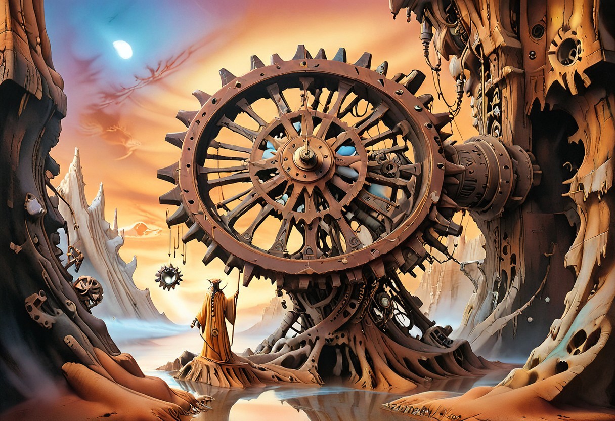 ((masterpiece, best quality)), rdnm4tth3ws illustration of A surreal landscape dominated by a massive, rusted clockwork machine embedded into the cliffs, its intricate gears and cogs endlessly turning. A lone traveler, clad in flowing robes with a staff that pulses with celestial energy, approaches a colossal liquid marble doorway framed by interlocking metal tendrils. In the sky above, enormous planets hang low, their surfaces covered in labyrinthine patterns that seem to shift and change. The air is thick with a golden mist, giving the entire scene an ancient, mystical aura.