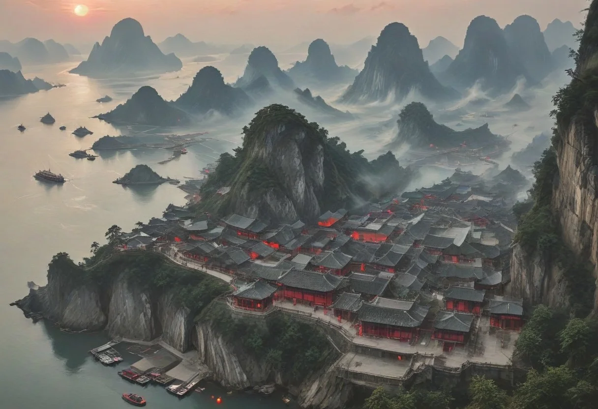 ((score_9, score_8_up, score_7_up, score_6_up)), ((Masterpiece)), (((Ha Long Bay, Halong Bay))), chinese meticulous ink, panorama landscape, dioramas, architecture, ships, wharf, sea, ((blood-red sunset)), dracula japan village, Japan, enchanted fortress and fortified castle, above the clouds, mystical atmosphere, detailed stone and wood walls, bloody mist swirls around, weibo, drawing, formal, black hair, devil horns, double halo, hunter eyes, holding finger to lips, shush, intimidating retro 90's, red, black, science fiction, a dark sky lit by the glow of distant moons and neon lights. rockpunk, yoji shinkawa, James Jean, Ayami Kojima, village, <lora:EnvyPanoramaXL01:0.5>, Hand, detailed, perfect, perfection, hands, India Model, Beautiful, Photorealistic, chinese meticulous ink, illustration
