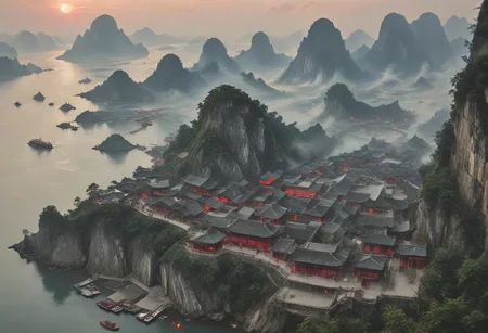 ((score_9, score_8_up, score_7_up, score_6_up)), ((Masterpiece)), (((Ha Long Bay, Halong Bay))), chinese meticulous ink, panorama landscape, dioramas, architecture, ships, wharf, sea, ((blood-red sunset)), dracula japan village, Japan, enchanted fortress and fortified castle, above the clouds, mystical atmosphere, detailed stone and wood walls, bloody mist swirls around, weibo, drawing, formal, black hair, devil horns, double halo, hunter eyes, holding finger to lips, shush, intimidating retro 90's, red, black, science fiction, a dark sky lit by the glow of distant moons and neon lights. rockpunk, yoji shinkawa, James Jean, Ayami Kojima, village, <lora:EnvyPanoramaXL01:0.5>, Hand, detailed, perfect, perfection, hands, India Model, Beautiful, Photorealistic, chinese meticulous ink, illustration
