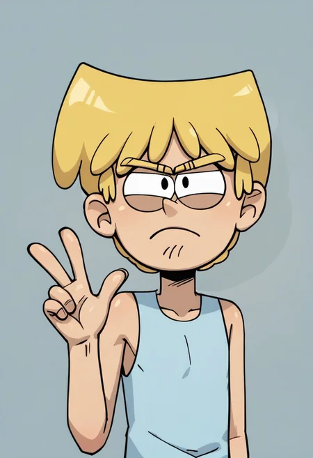 (score_9 | score_8_up | score_7_up) ((masterpiece:1))(best quality,very high quality,ultra detailed:1.2) (2D,cartoon style,anime style)(Smooth:2)(clean blurring) (four fingers on each hand,one thumb on each hand:1), Loki Loud, solo, 1boy, Blonde hair, yellow eyebrows, two chin hairs, light blue tank top, Brown shorts, light blue shoes