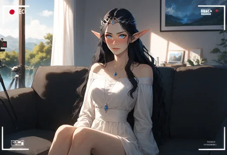Fullmetal_alchemist style, triba1gir1XL, score_9, score_8_up, score_7_up, 1girl, Arwen_Undómiel, Arwen_(Lord_of_the_Rings), Evenstar, evenstar_pendant, pendant, jewelry, Arwen, elf, blue eyes, black hair, long hair, sidelocks, (embarrassed), sitting, full-face blush, on couch, (recording), media player interface, battery indicator, Scenery, indoors, (casting_couch:1.2)