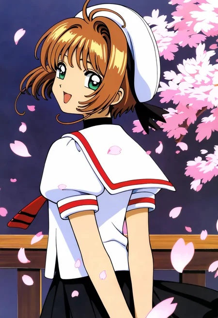 masterpiece (quality),best quality,Card Captor Sakura Anime, 1girl,kinomoto sakura,solo,tomoeda elementary school uniform,green eyes,brown hair,skirt,school uniform,open mouth,hat,short sleeves,short hair,looking at viewer,smile,petals,puffy sleeves,black skirt,puffy short sleeves,antenna hair,white headwear,looking back,cherry blossoms,sailor collar,:d,white shirt,shirt,bangs,arms behind back,<lora:mix_illustriousXL:0.8>,