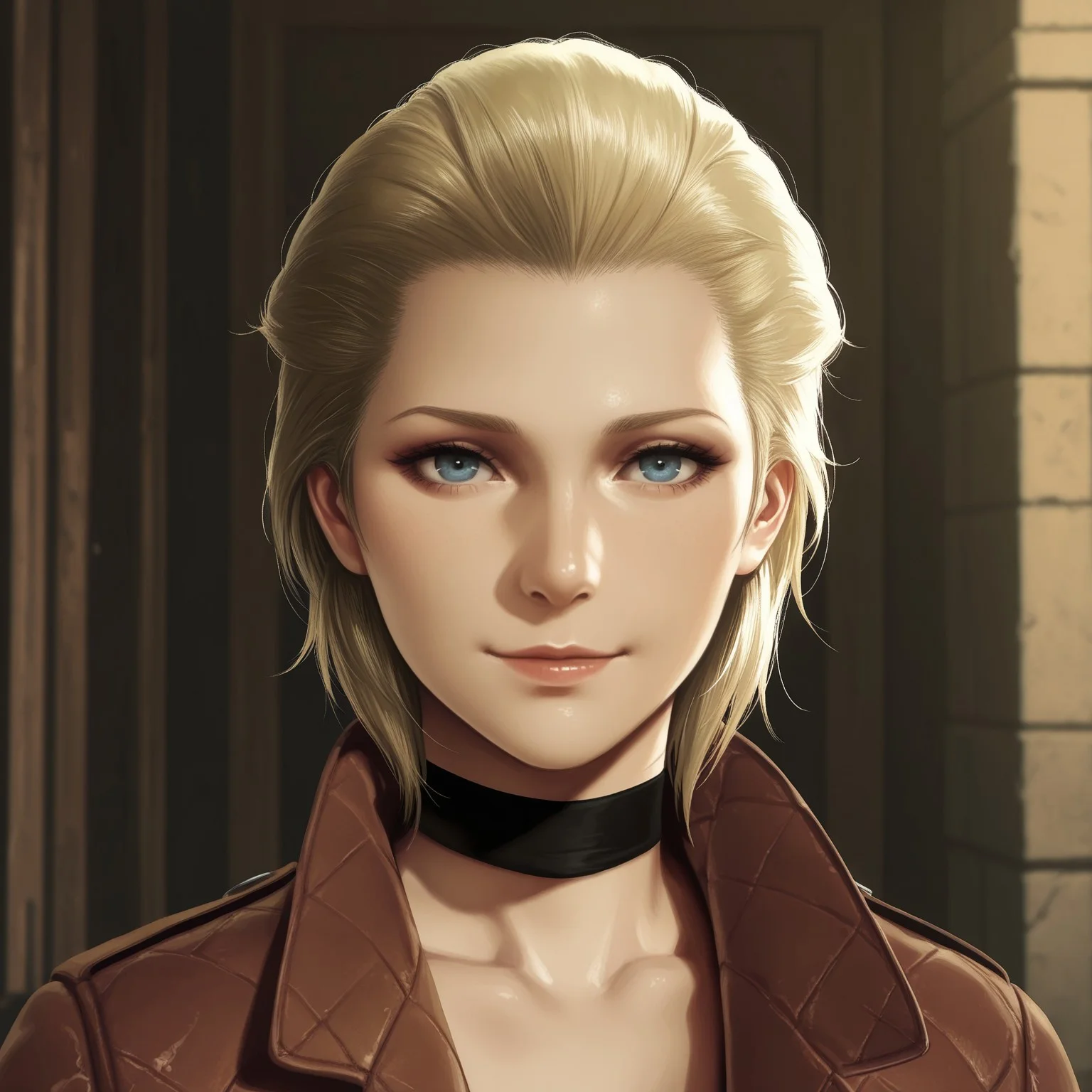 (((masterpiece))), (((high quality))), (((4k))), (((best quality))), (((very aesthetic))), (semirealistic_stye), 1girl, MGS Eva, 70 years old, mature, old, face wrinkles, blonde hair, hair pulled back, blue eyes, light smile, black choker, leather coat, face closeup, from in front
