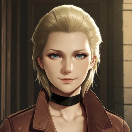 (((masterpiece))), (((high quality))), (((4k))), (((best quality))), (((very aesthetic))), (semirealistic_stye), 1girl, MGS Eva, 70 years old, mature, old, face wrinkles, blonde hair, hair pulled back, blue eyes, light smile, black choker, leather coat, face closeup, from in front