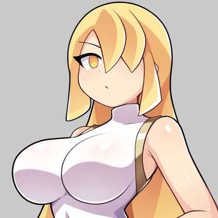 score_9, score_8_up, score_7_up, score_6_up, score_5_up, score_4_up, source_cartoon, <lora:confetti-extract- ponyxl:0.85>, detailed eyes, easynegative, rating_explicit, Expressiveh, 1girl, solo, gwain,
long hair, large breasts, blonde hair,very long hair, yellow eyes, hair between eyes, bangs, 
gloves, bare shoulders, sleeveless, hair over one eye, leotard, sleeveless shirt, white leotard,