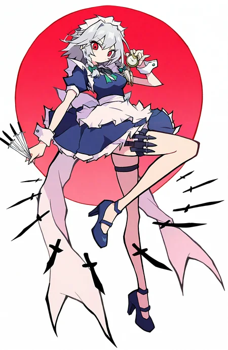 izayoi_sakuya, 1girl, solo, looking_at_viewer, short_hair, white_background, red_eyes, dress, holding, bow, full_body, grey_hair, braid, short_sleeves, puffy_sleeves, apron, high_heels, twin_braids, puffy_short_sleeves, wrist_cuffs, maid, maid_headdress, blue_dress, knife, white_apron, green_bow, watch, holding_knife, between_fingers, pocket_watch