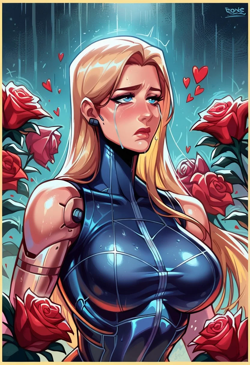 score_9, score_8_up, score_7_up, high quality,bright blue eyes, 1 women, ((cyborg clothing)), (holding drooping roses,:1.4) sad, geometric hearts broken in the background, raining background, cyborg women, large breasts, long hair, crying, portrait view, sad, disappointed, , aesthetic, (Yellow border around image,:1.3)