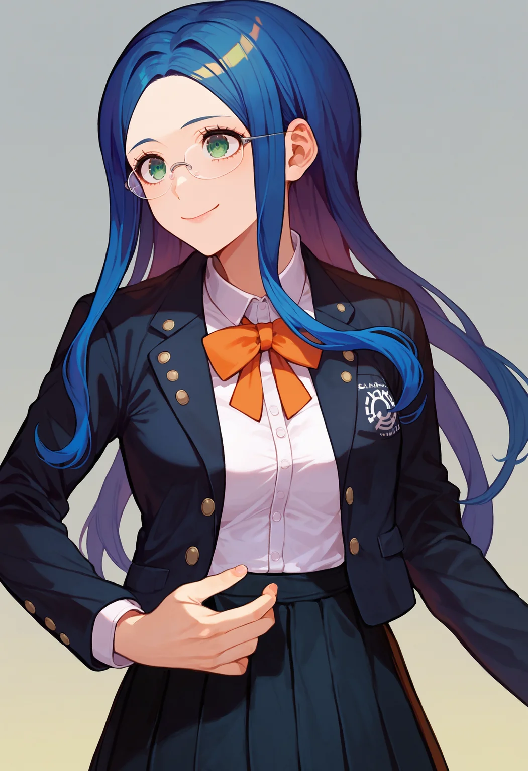score_9_up score_8_up score_7_up, smile, simple background
BREAK
shirogane tsumugi default, 1girl, long hair, glasses, bangs, blue hair, green eyes, parted bangs, skirt, jacket, black jacket, pleated skirt, black skirt, collared shirt, dress shirt, long sleeves, ribbon, breasts, bow, neck ribbon, buttons, school uniform, orange ribbon, open clothes
<lora:danganranpa_v3_pony_d16:1>