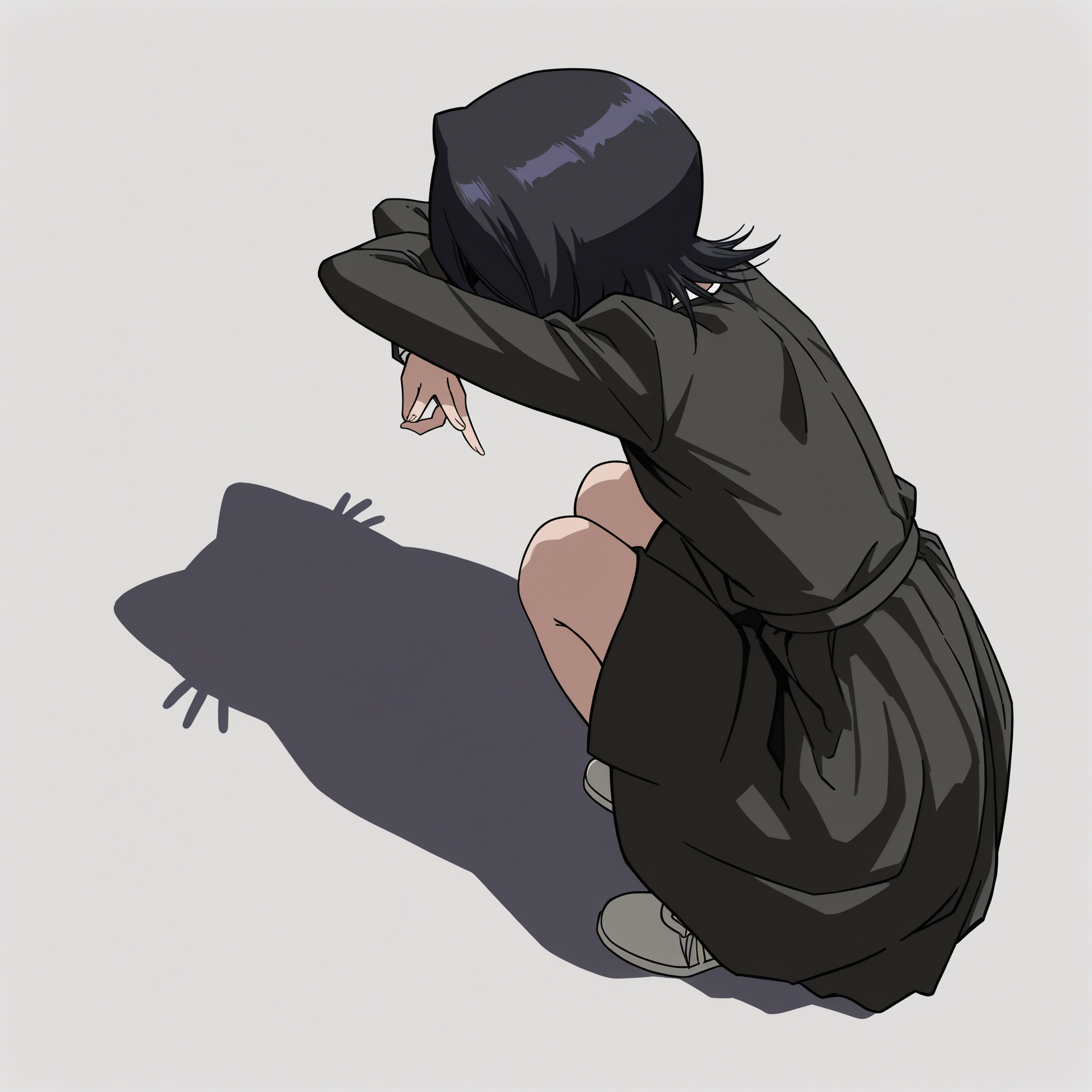 highres, absurdres, hi res, best quality, masterpiece, 2d, intricate details, 4k, anime coloring,
1girl, solo, female, black hair, short hair, kuchiki rukia, bleach,
dress, black dress, long sleeves, 
from behind, from side, shadow, animal, parody, squatting, cat, meme, cat shadow puppet \(meme\), cat shadow puppet (meme), crossed arms,
white background, <lora:Cat_Shadow_Puppet_(Concept)_ILXL:1>,