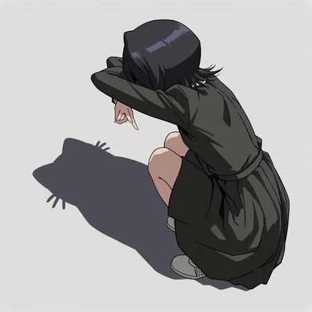 highres, absurdres, hi res, best quality, masterpiece, 2d, intricate details, 4k, anime coloring,
1girl, solo, female, black hair, short hair, kuchiki rukia, bleach,
dress, black dress, long sleeves,
from behind, from side, shadow, animal, parody, squatting, cat, meme, cat shadow puppet \(meme\), cat shadow puppet (meme), crossed arms,
white background, <lora:Cat_Shadow_Puppet_(Concept)_ILXL:1>,
