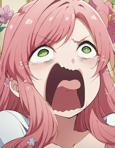 score_9, score_8_up, score_7_up, source_anime, <lora:hahari-hanazono-ponyxl-lora-nochekaiser:1>, hahari hanazono, long hair, bangs, green eyes, pink hair, flower, hair flower, large breasts,, <lora:crying-aqua-ponyxl-lora-nochekaiser:1> crying aqua, crying aqua (meme), screaming, crying, crying with eyes open, tears, tongue, open mouth,, ,