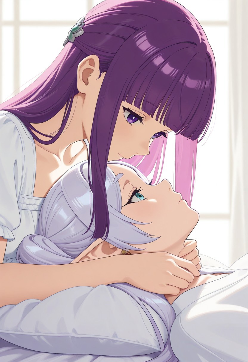 2girl, frieren, fern, sousou no frieren, beautiful elf girl, long silver hair, purple eyes, soft and intimate expression, lying on a large plush bed with white and pastel-colored sheets, gently pinned by a cute girl with short pink hair, blue eyes, who is sitting on top of her, their hands gently held above the head, both gazing deeply into each other's eyes, close and intimate, their bodies pressed together, soft candlelight illuminating the room, romantic and tender atmosphere, soft pillows, cozy blankets, a feeling of emotional connection, cinematic view from the side, soft lighting highlighting their faces and delicate features, highly detailed, masterpiece, 8K