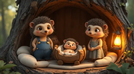 A heartwarming scene featuring a family of anthropomorphic hedgehogs inside the cozy hollow of an old tree. The father hedgehog stands proudly on one side, wearing denim overalls with small golden buttons. He has big, sparkling eyes, soft, fluffy quills, and a gentle, protective expression. On the other side, the mother hedgehog stands gracefully, wearing a simple yet charming dress. Her round face has rosy cheeks, and her eyes are filled with warmth and love.
Between them, a tiny baby hedgehog lies comfortably in a wooden cradle, wrapped in a soft, cozy blanket. The baby has delicate quills, big curious eyes, and an innocent, sleepy expression. The warm glow of a lantern casts a golden light throughout the hollow, illuminating the wooden textures, tiny decorations, and soft bedding, creating a peaceful and loving atmosphere. The overall design is highly detailed, expressive, and perfect for animated storytelling.
