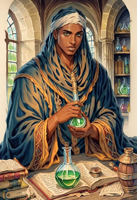 score_9, score_8_up, score_7_up, oblivionarts, solo, 1boy, alchemist, ((african male)), robes, turban, vial, potion, book, apothecary background, traditional art, medieval, <lora:Oblivion:.6>