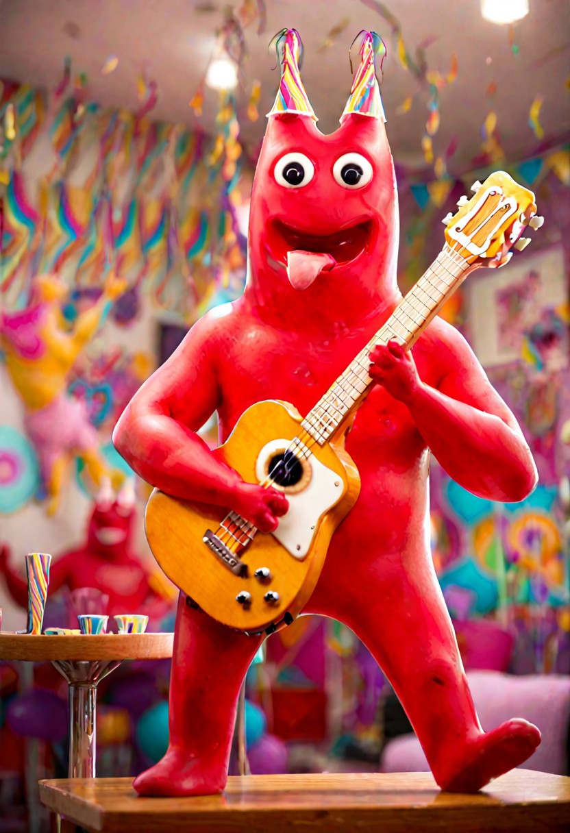score_9, score_8_up, score_7_up, toony, banban, party hat, open mouth, guitar, playing instrument, holding guitar, sitting on table, one leg crossed, red skin, black eyes, tongue out, waving, colorful room