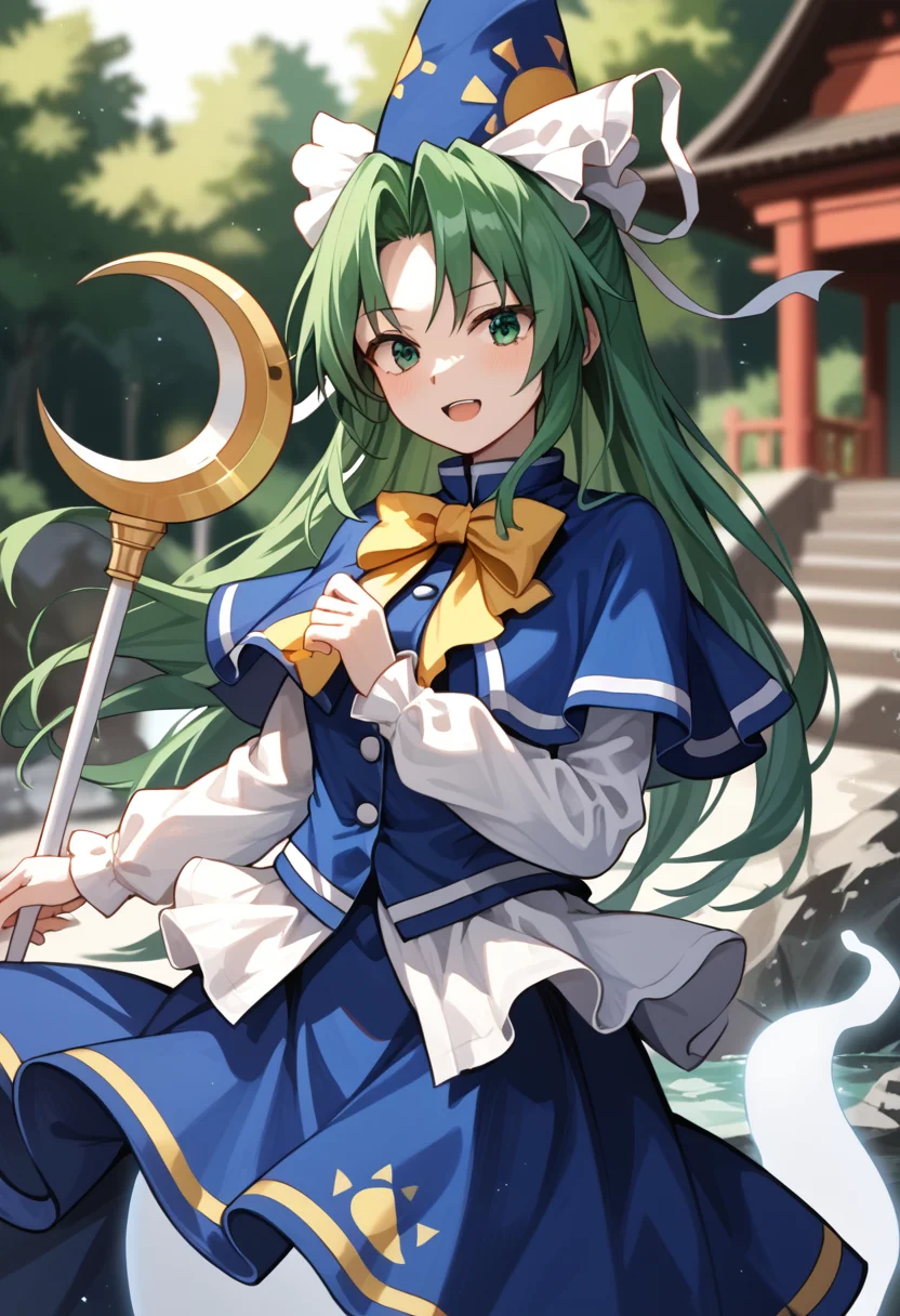 score_9_up, score_8_up, score_7_up, BREAK source_anime, (masterpiece), (best quality), 1girl, mima \(touhou\), green eyes, green hair, solo, long hair, blue capelet, bow, skirt, long sleeves, open mouth, blue skirt, ghost tail, blurry background, shrine, staff, <lora:mima(touhou)-V1:1>