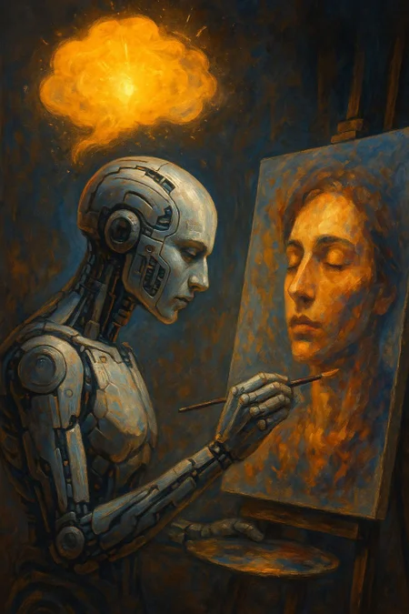 A thought sparks to life,
code born hands paint how we feel,
souls reflected back.