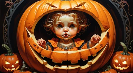 A cute menacing Jack-O-Latern among hallowen, cute scary background, in the style of wlop, beautiful incredibly detailed composite, sharp lines, clear focus, dramatic lighting, epic composition, sharp contours, graphic details, colors, geometric filigree in style Alphonse Mucha, David Zapora, oil painting, stunning, strong strokes<lora:xl_more_art-full_v1:0.5>