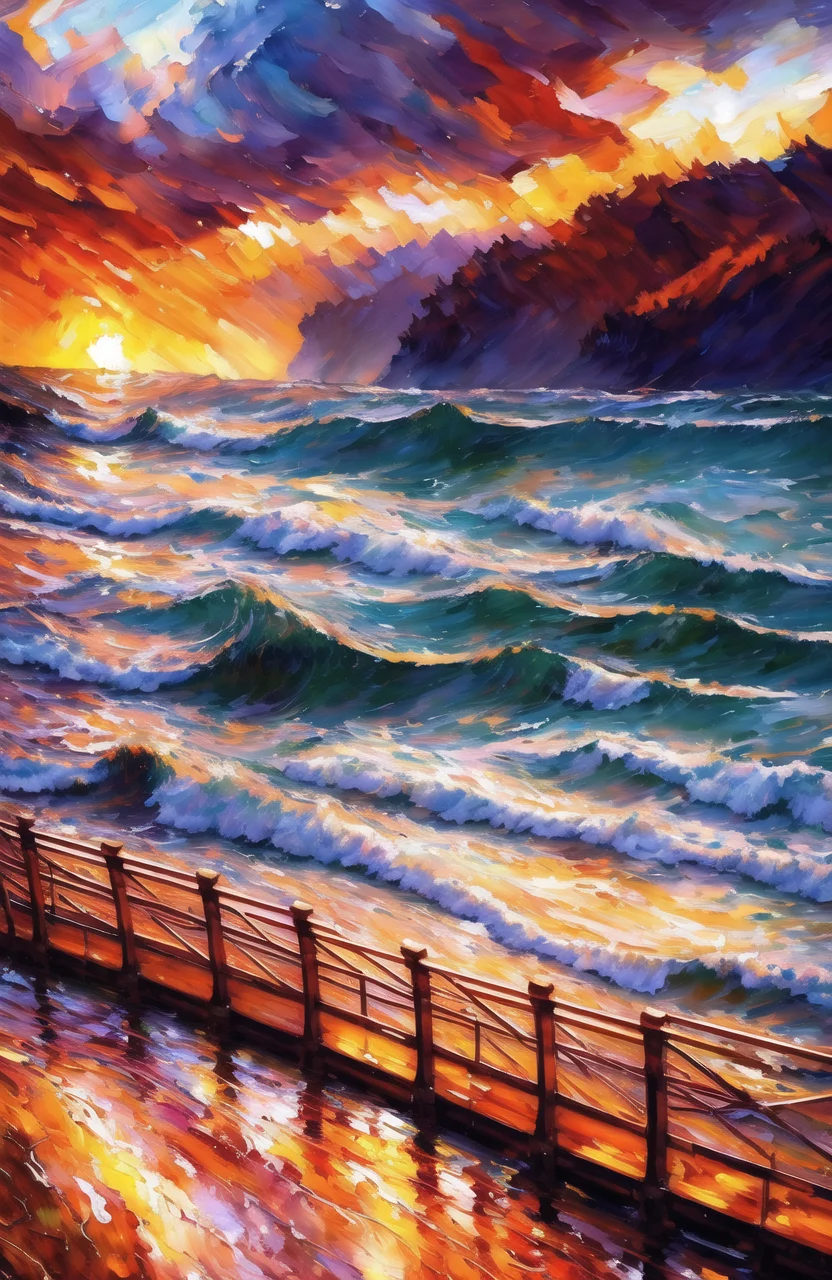 award winning wooden railings looking out over beautiful clear water, (ocean), ((waves)), storm,((dark storm clouds)), fluffy clouds in the sky, (paint splashes:1.3), (splatter:1.2), outrun, vaporware, shaded flat illustration, digital art, trending on artstation, highly detailed, fine detail, intricate, ((lens flare)), (backlighting), (bloom), Style by (Style-Autumn:1.2)