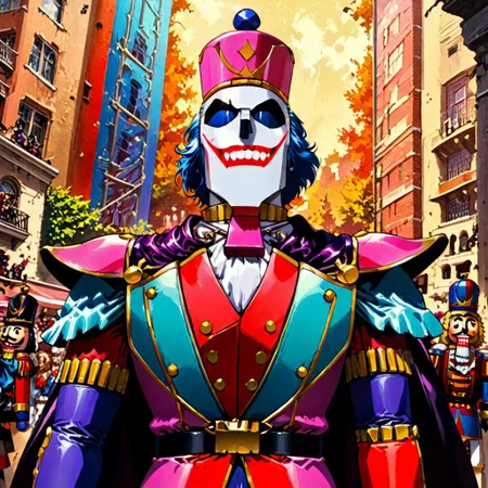 joker, batman retanime, Mike Deodato, midjourneyv6.1, nutcracker, hyper-detail, hyper-realism, cinematic, intricate detail, detailed background, masterpiece, best quality, high quality, highres, absurdres, very detailed, high resolution, sharp, sharp image, aesthetic, Score_9, score_8_up, score_7_up, score_6, source_anime, vibrant, colorful, retro_artstyle, 1990s_(style), crazy and sinister joker dressed up like a nutcracker