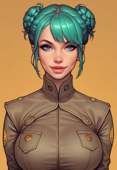 ((((front view))))
beautiful color, aesthetic, 2d,
(zeon pilot:1.3), ((khaki suit)), 
solo, standing, (battleground, explosions:1.5)
1girl, cute face, modest smile
((turquoise hair, folded in french braid, side bang hairstyles)), 	
big natural breasts, 
focused, looking at viewer,
(((full-clothed))), dynamic pose
BREAK 
score_9, score_8_up, score_7_up, score_6_up, source_cartoon, rating_explicit, Expressiveh, (((((upper body))))), dynamic pose
