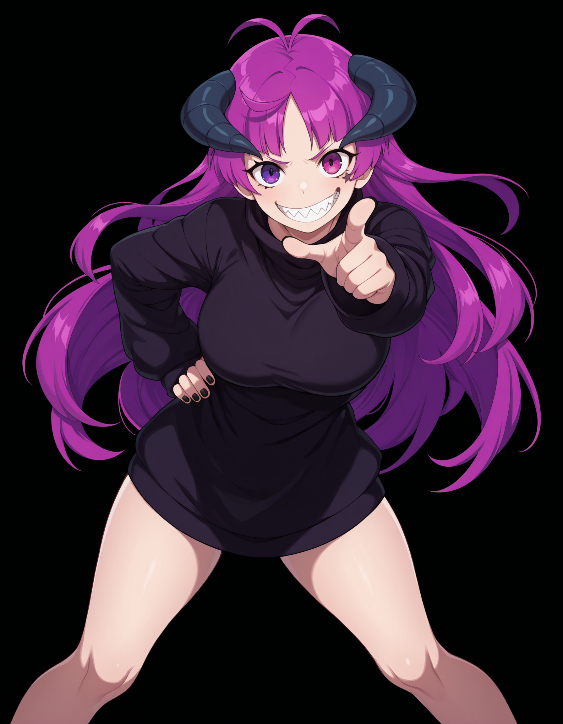 1girl, solo, aged up, 
kishirik4, demon girl, purple hair, heterochromia, purple eye, pink eye, black nails, demon horns, sharp teeth, antenna hair, 
feet out of frame, standing, legs apart, pointing at viewer, 
(simple background, black  background:1.5)  <lora:kishirika v2:1>, masterpiece, best quality, amazing quality,