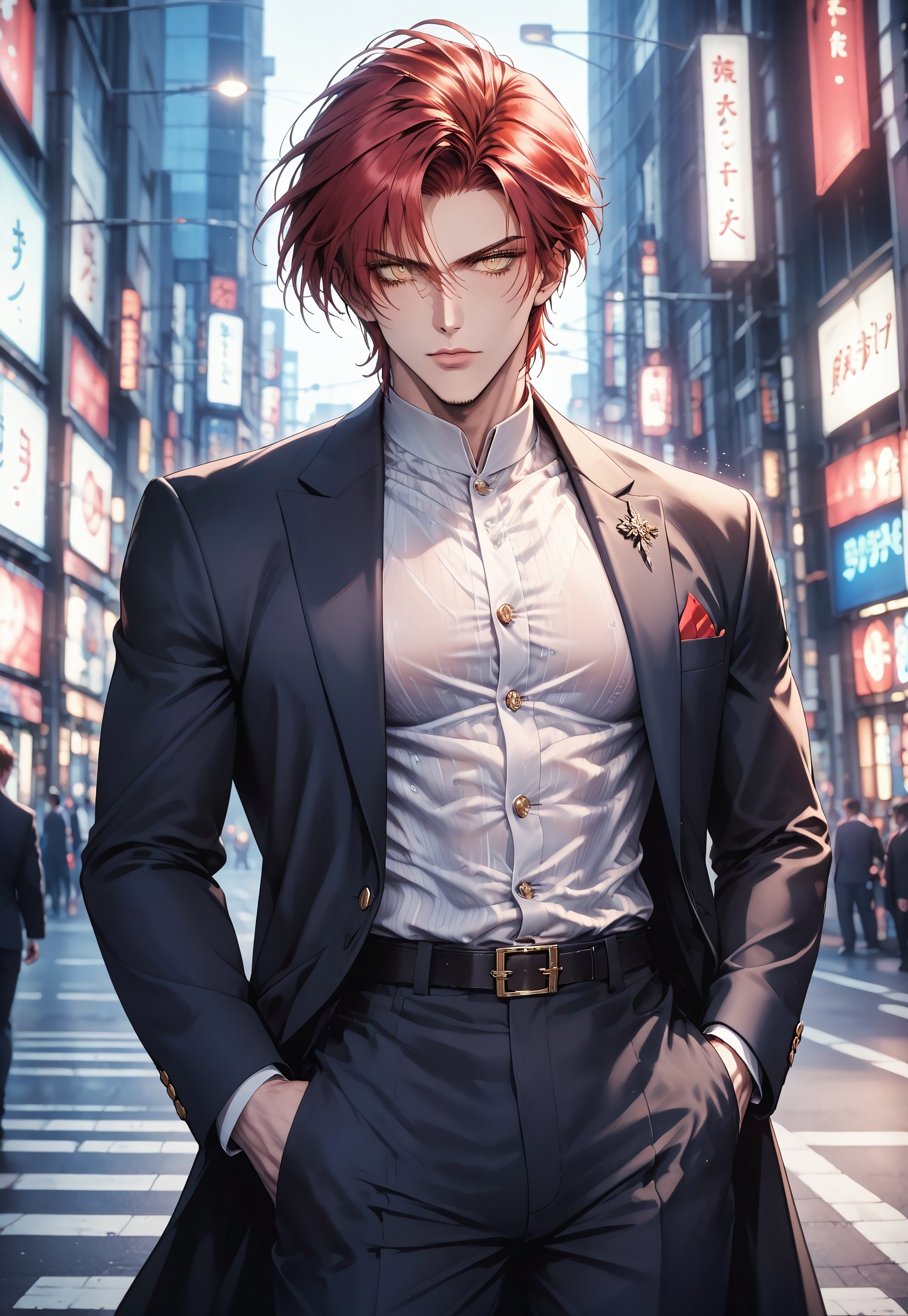 cowboy shot, (solo), 1boy, motion lines, male focus, standing, 
masculine face, daddy looking face, masculine, handsome, red hair, yellow eyes, no beard,
Serious expression, 
Long coat, shirt, suit pants,
toned body, lean body, slim body, narrow waist,
detailed face, detailed body, detailed eyes, perfect anatomy,
masterpiece,best quality,amazing quality,
<lora:cfg_scale_boost:0.2>, <lora:add-detail-xl:0.2>, <lora:NAI_QualityV1.1:0.2>,
Outdoors, street
