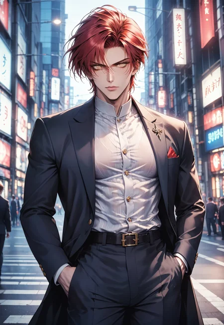 cowboy shot, (solo), 1boy, motion lines, male focus, standing, 
masculine face, daddy looking face, masculine, handsome, red hair, yellow eyes, no beard,
Serious expression, 
Long coat, shirt, suit pants,
toned body, lean body, slim body, narrow waist,
detailed face, detailed body, detailed eyes, perfect anatomy,
masterpiece,best quality,amazing quality,
<lora:cfg_scale_boost:0.2>, <lora:add-detail-xl:0.2>, <lora:NAI_QualityV1.1:0.2>,
Outdoors, street