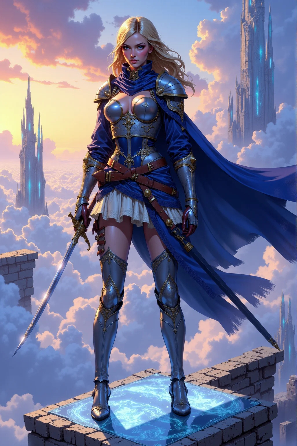 <lora:FANCHA_style:0.75> FANCHA style.
The image showcases a noble swordswoman poised in an elegant yet commanding stance, depicted with crisp detail in a polished comic-book style. Her armor is a blend of shining silver and deep navy blue, adorned with intricate golden trim along the edges. The metallic sheen of her breastplate and gauntlets catches the light, highlighting their finely crafted surface. Beneath her armor, a layered skirt of silken fabric alternates between a pale gray and soft cream, its ruffled hem adding a touch of sophistication and fluidity to her otherwise battle-ready appearance. A flowing cape billows dramatically behind her, lined in rich blue tones that shift gently into lighter shades, giving a sense of depth and movement. She wields a sleek rapier in her right hand, its blade long, narrow, and precise, glinting with a faint aura of light. In her left hand rests the hilt of another weapon, sheathed in an ornate scabbard fastened to her belt. Her leather utility belt, detailed with brass buckles and small pouches, adds a grounded, practical touch, contrasting the refined elegance of her attire. The background introduces an unusual yet fitting environment: a celestial battlefield suspended high above the clouds. The terrain beneath her feet is composed of smooth, glowing platforms of translucent marble-like material, seemingly floating in mid-air. These platforms pulse faintly with radiant energy, etched with intricate runes in gold and azure, hinting at an arcane origin. Around her, fragments of luminous particles drift weightlessly, casting a soft, ethereal glow. In the distance, swirling clouds part to reveal glimpses of a sky streaked with vibrant hues of orange, pink, and lavender, as if caught in an eternal twilight. Rising behind her are towering, semi-transparent structures resembling crystalline spires, refracting light into prismatic colors that dance across the scene. A faint sense of wind is conveyed by the movement of her cape and hair, suggesting a high-altitude, otherworldly atmosphere. The color palette emphasizes harmonious contrasts, with the cool blues of her cape and armor offset by the warm golden accents and soft pastel tones of the background. The comic style employs precise linework for her armor and weapons, paired with softer, painterly shading for the fabric and glowing elements. The overall effect is a seamless blend of realism and fantasy, evoking both elegance and strength within a setting of mystical grandeur.