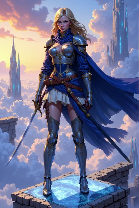 <lora:FANCHA_style:0.75> FANCHA style.
The image showcases a noble swordswoman poised in an elegant yet commanding stance, depicted with crisp detail in a polished comic-book style. Her armor is a blend of shining silver and deep navy blue, adorned with intricate golden trim along the edges. The metallic sheen of her breastplate and gauntlets catches the light, highlighting their finely crafted surface. Beneath her armor, a layered skirt of silken fabric alternates between a pale gray and soft cream, its ruffled hem adding a touch of sophistication and fluidity to her otherwise battle-ready appearance. A flowing cape billows dramatically behind her, lined in rich blue tones that shift gently into lighter shades, giving a sense of depth and movement. She wields a sleek rapier in her right hand, its blade long, narrow, and precise, glinting with a faint aura of light. In her left hand rests the hilt of another weapon, sheathed in an ornate scabbard fastened to her belt. Her leather utility belt, detailed with brass buckles and small pouches, adds a grounded, practical touch, contrasting the refined elegance of her attire. The background introduces an unusual yet fitting environment: a celestial battlefield suspended high above the clouds. The terrain beneath her feet is composed of smooth, glowing platforms of translucent marble-like material, seemingly floating in mid-air. These platforms pulse faintly with radiant energy, etched with intricate runes in gold and azure, hinting at an arcane origin. Around her, fragments of luminous particles drift weightlessly, casting a soft, ethereal glow. In the distance, swirling clouds part to reveal glimpses of a sky streaked with vibrant hues of orange, pink, and lavender, as if caught in an eternal twilight. Rising behind her are towering, semi-transparent structures resembling crystalline spires, refracting light into prismatic colors that dance across the scene. A faint sense of wind is conveyed by the movement of her cape and hair, suggesting a high-altitude, otherworldly atmosphere. The color palette emphasizes harmonious contrasts, with the cool blues of her cape and armor offset by the warm golden accents and soft pastel tones of the background. The comic style employs precise linework for her armor and weapons, paired with softer, painterly shading for the fabric and glowing elements. The overall effect is a seamless blend of realism and fantasy, evoking both elegance and strength within a setting of mystical grandeur.