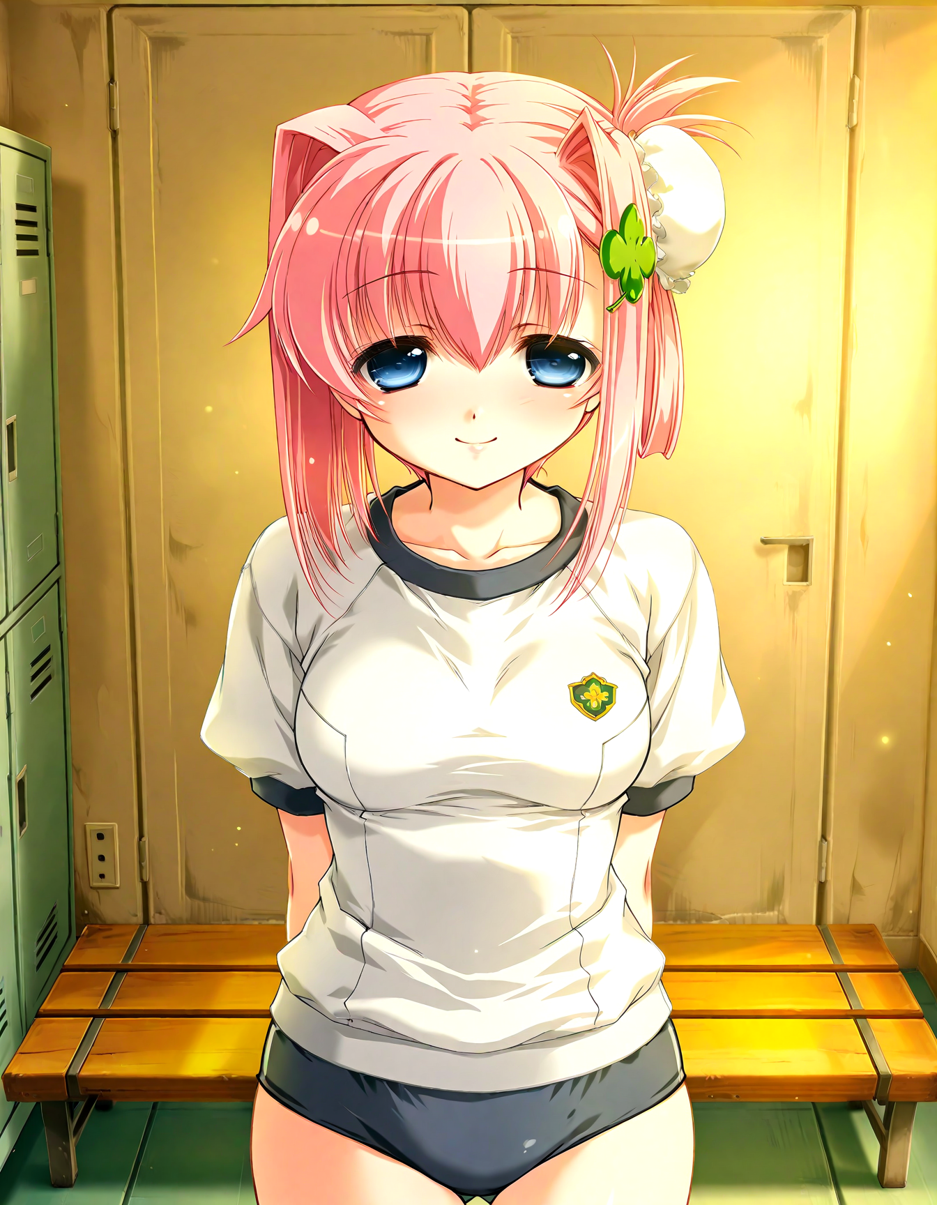 (1girl, solo:1.3), (2girls, 3girls, 4girls, multiple girls, 2boys, 3boys, 4boys, multiple boys:-1.5) <lora:Ainame_Chisato_Hachukano_Illustrious:0.9>, Ainame Chisato, medium breasts, blue eyes, pink hair, short hair, bangs, hair intakes, hair between eyes, sidelocks, bun cover, single hair bun, hair bun, four-leaf clover hair ornament, clover hair ornament, hair ornament, gym shirt, black buruma, smile, (half-closed eyes:0.7), general, contrapposto, dynamic pose, arms behind back, upper body, straight-on, from above, , indoors, locker room, locker, wooden bench, (window:-2.0), <lora:NOOB_EPSv1_1_detailer_by_vlnvk_v1_0:1.5>, (photo background:0.7), evening, (tachibana yuu:0.6), inue shinsuke, (kazuma muramasa:0.0), saikawa yusa, (aoi manabu:0.6), abarerumidori, (suzui narumi:0.6), masterpiece, newest, absurdres, 8K, anime screenshot, anime coloring, flat color, official art, film grain, <lora:illustriousXLv01_stabilizer_v1.185c:0.7>, <lora:LECO_Solo:-4.0>,