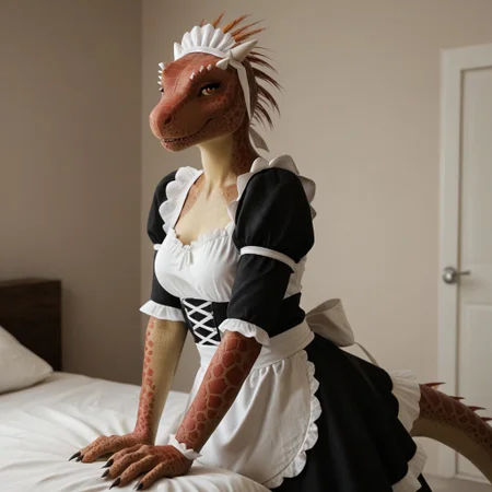 score_9, score_8_up, score_7_up, score_6_up, score_5_up, score_4_up, masterpiece, high quality, realistic, detailed, best quality, white bed, solo, rating_safe, source_furry, bedroom, smiling, seductive, looking at viewer, standing, anthro, detailed eyes, sahra_fm, argonian, scales, horns, tail, hands, red eyes, female, 1girl, anthro, brown hair, brown scales, maid, maid outfit, maid headdress, maid tail cloth